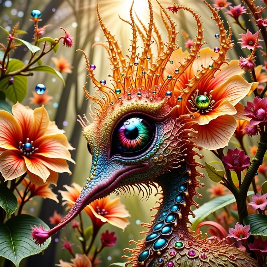 Ethereal Dragon Bird of Paradise in Vibrant Floral Wonderlan...