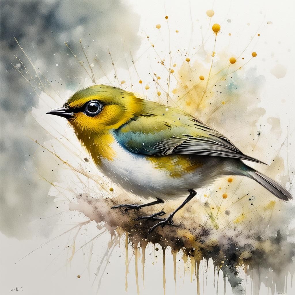 Silvereye Bird in Watercolor with Ink Splatters
