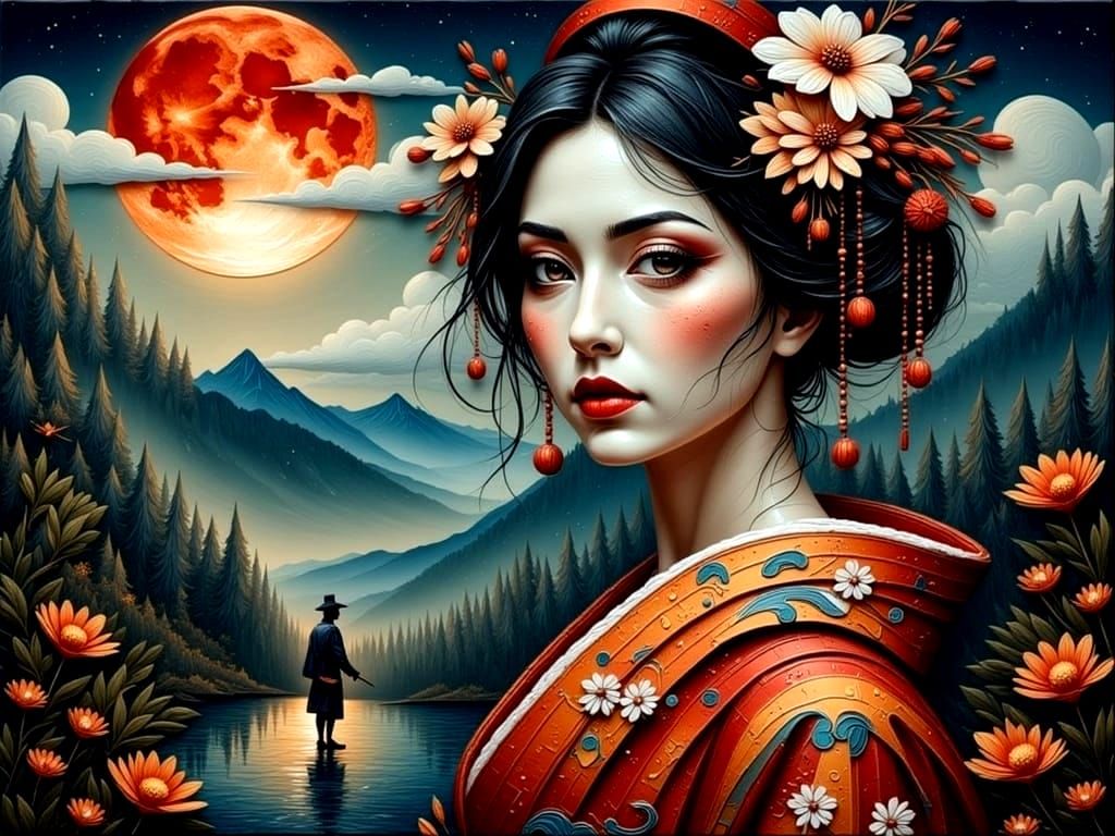 Surreal Film Noir Geisha in Dynamic Nighttime Setting