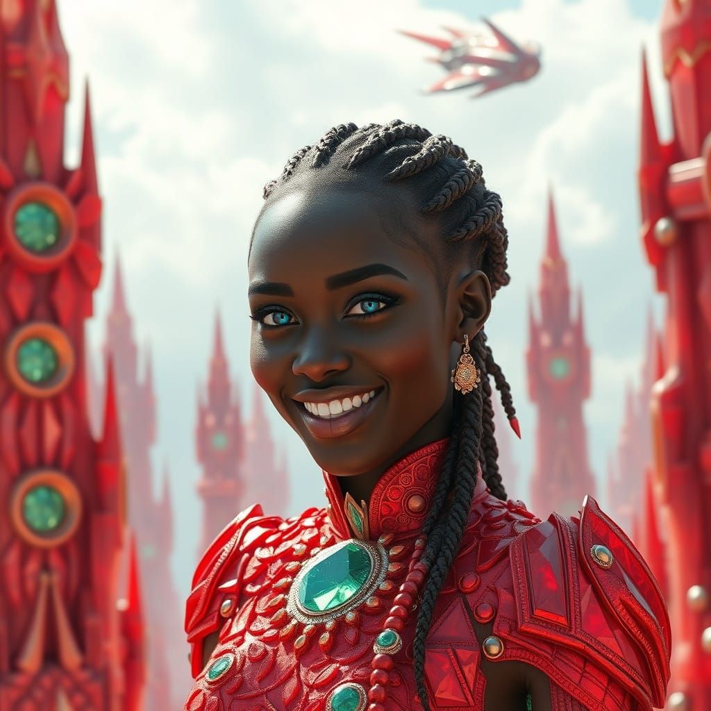 Futuristic Crystal City with Woman in Red Crystal Outfit