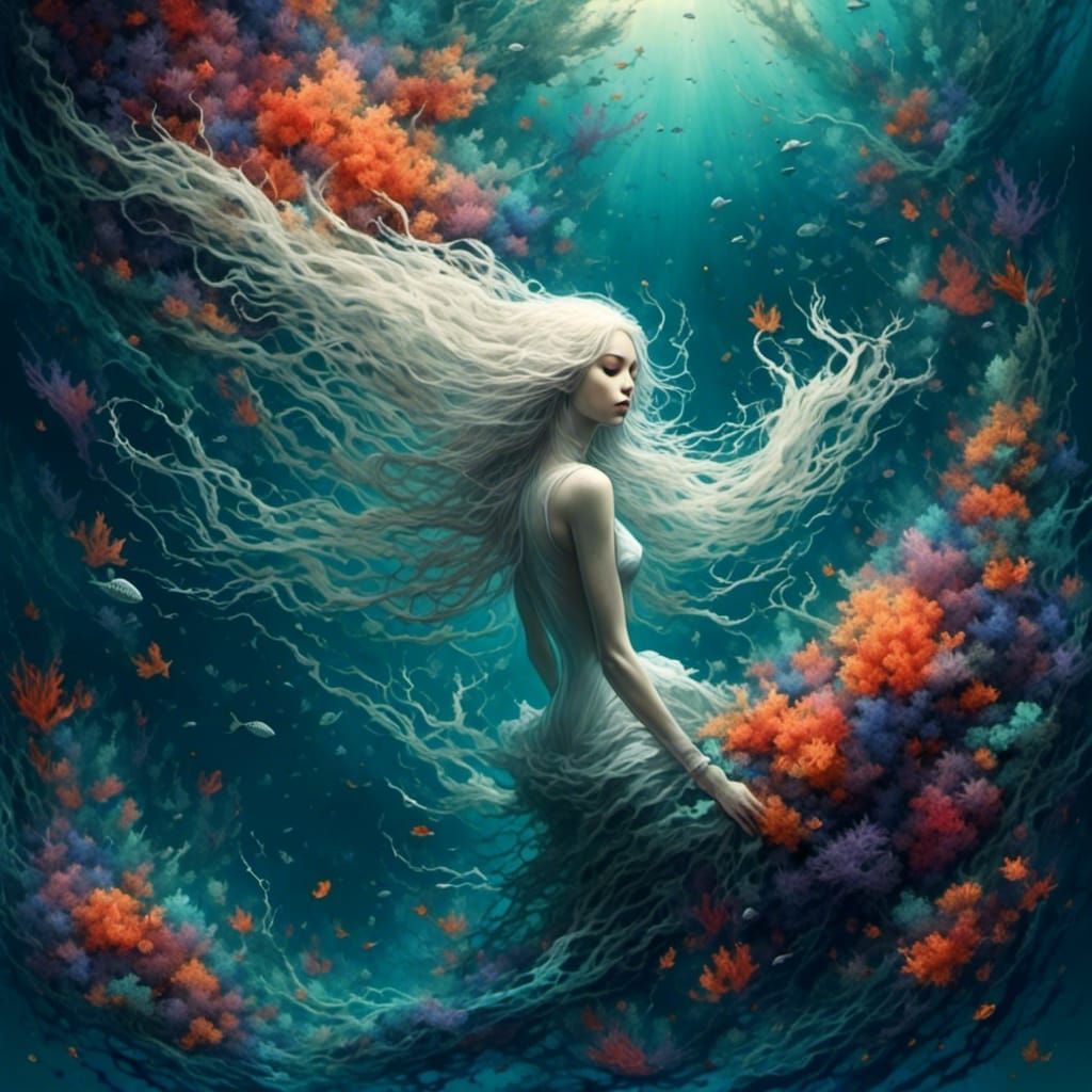 Mermaid in Ocean Deep Fantasy Illustration