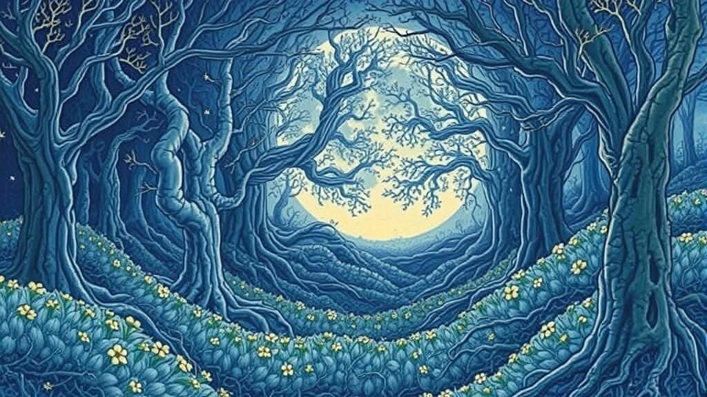 Mystical Forest: Ethereal Shadows in Blue Ink