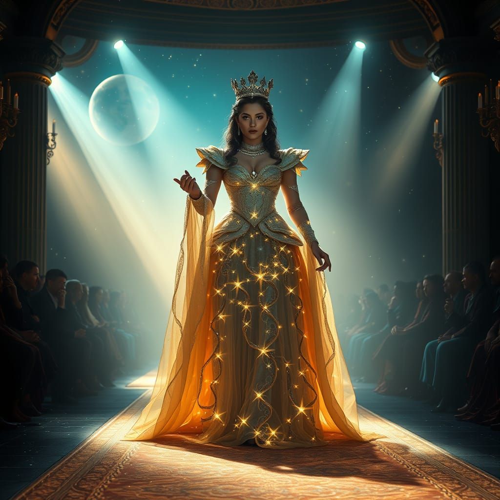 Regal Queen Steps onto Starlight Runway in Ethereal Atmosphe...