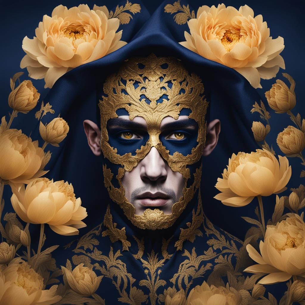Gothic Male Portrait with Navy Veil and Golden Peonies