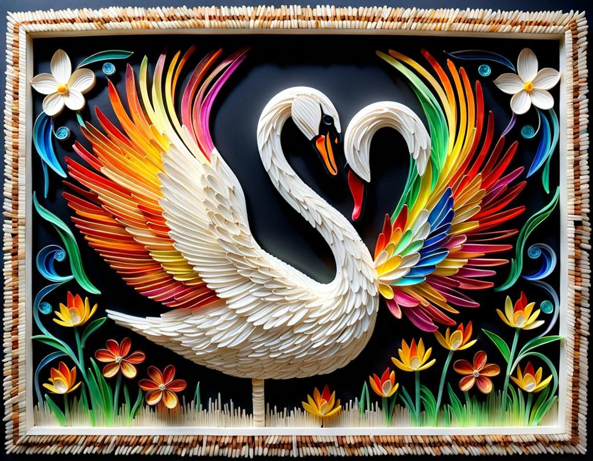 Graceful Stained Glass Swan with Floral Backdrop