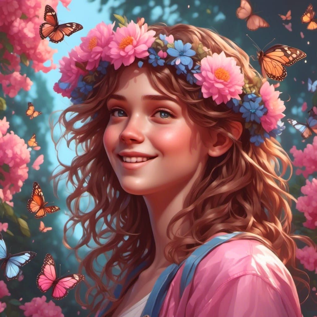 Smiling Girl with Flower Crown, Detailed Portrait