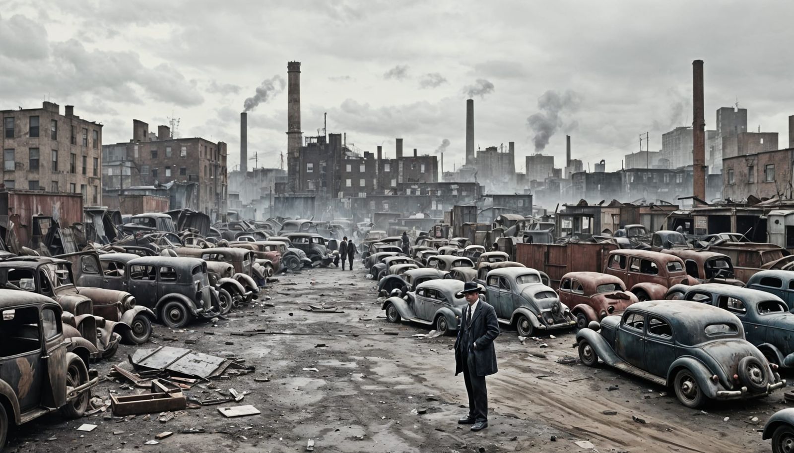 1935 NYC Auto Wrecking Yard: Colorized Black & White