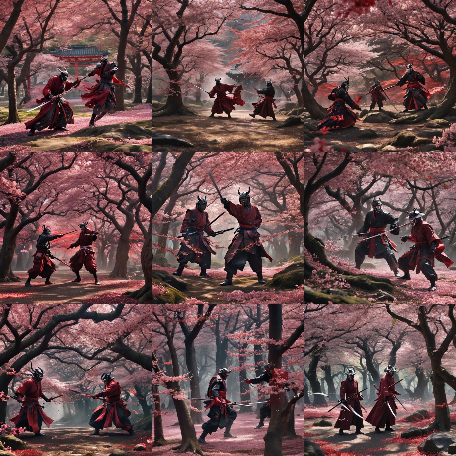 Oni Duel in Eerie Sakura Grove, Detailed Matte Painting