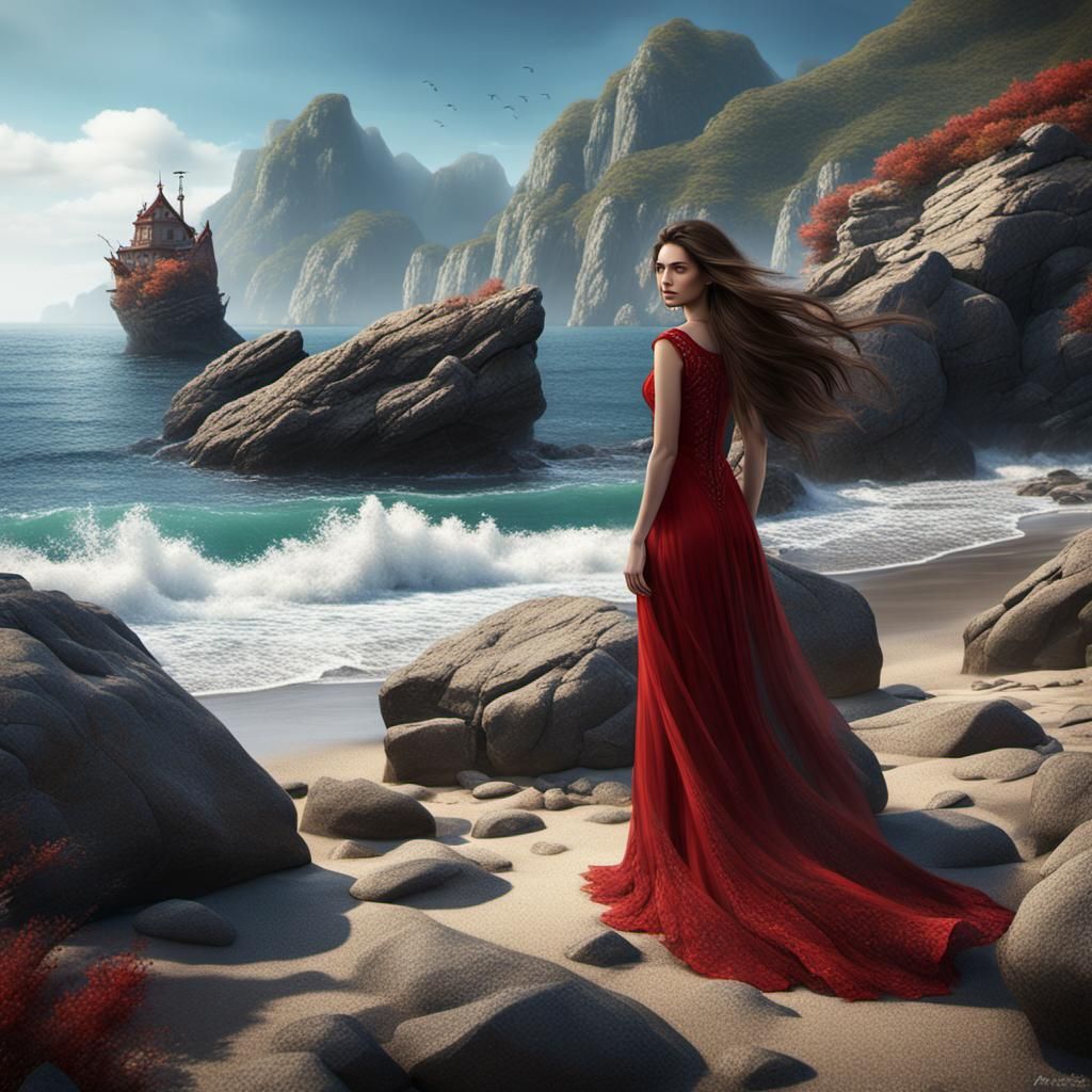 Girl in Red Dress on Rocky Beach: Fantasy Art