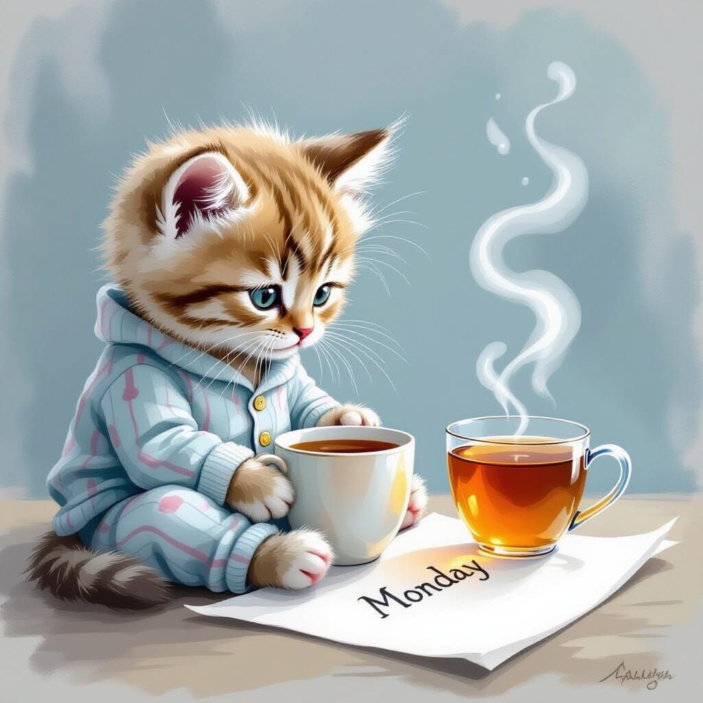 Sad Kitten's Monday Morning with Tea in Pajamas