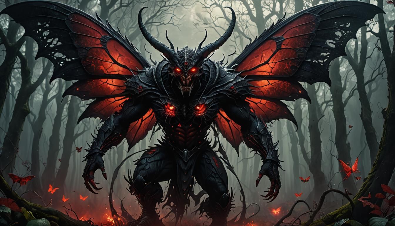 Menacing Demon Mothman in Red Fog: Digital Painting