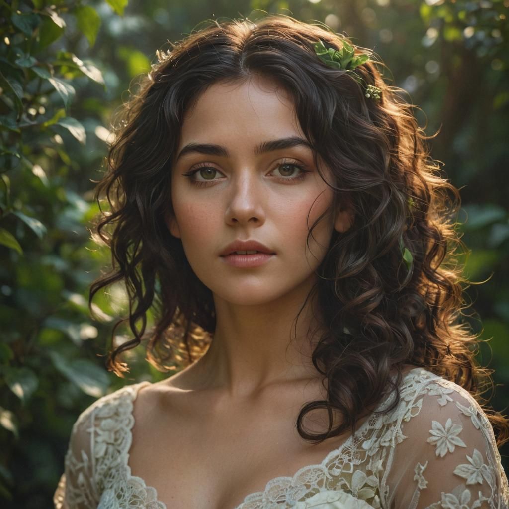 Lacy-Gowned Woman in Lush Greenery: Photorealistic Art