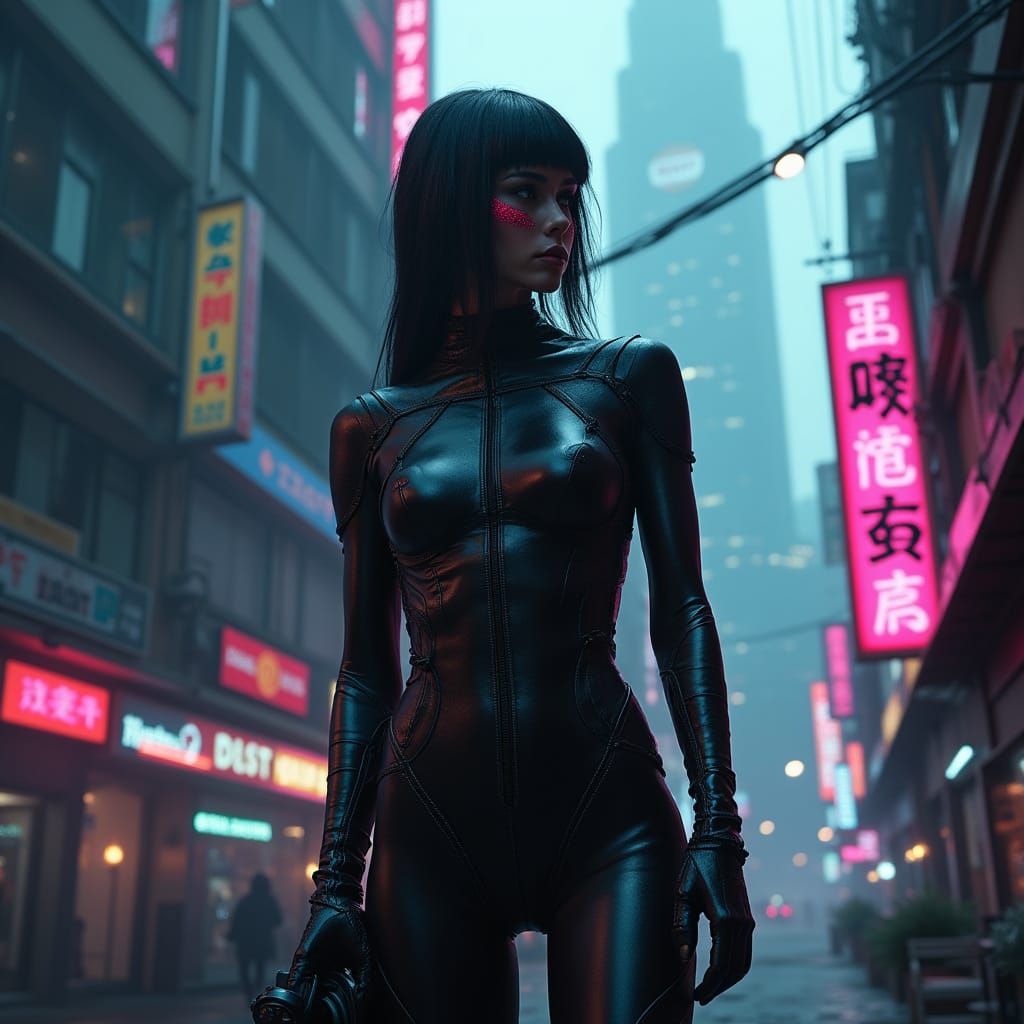 Cyberpunk Warrior in Gritty Neon Alley