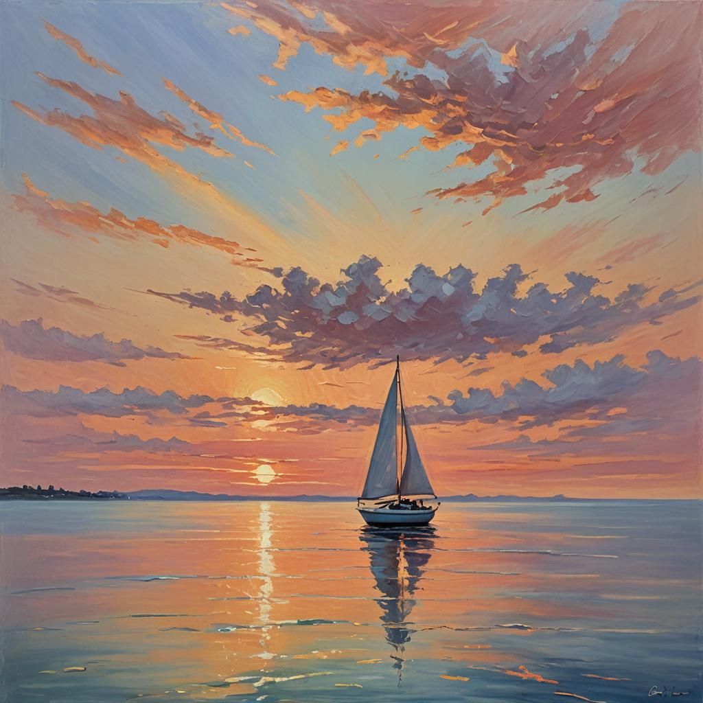 Ocean Sunset in Impressionist Oil Painting Style