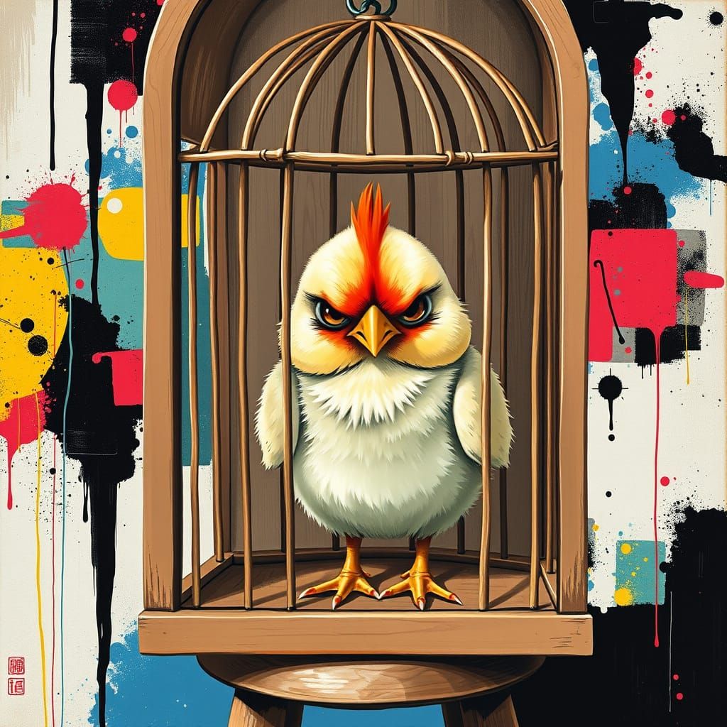 Grumpy Chick in Birdcage with Abstract Art