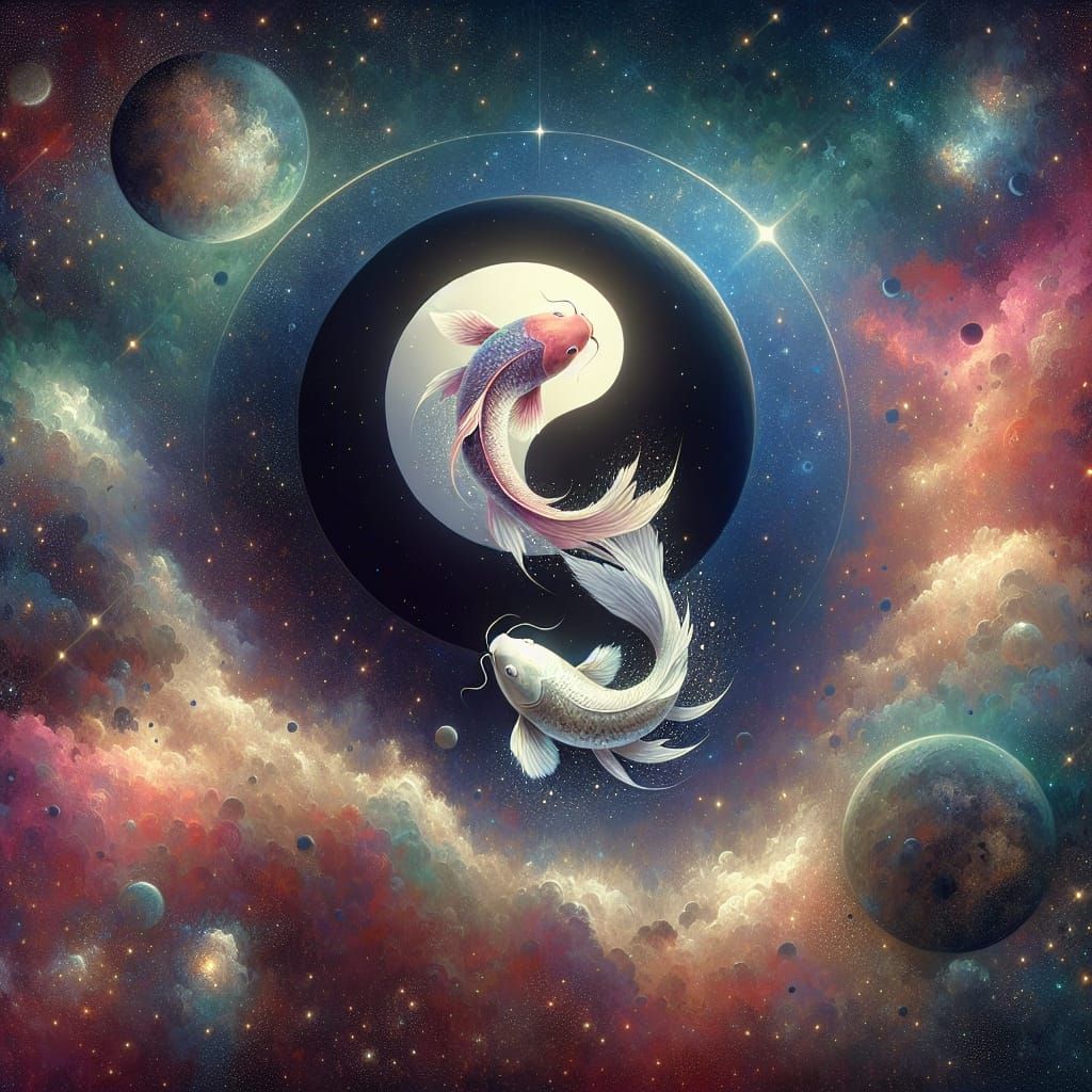 Yin Yang Koi Fish in Space with Crescent Moon
