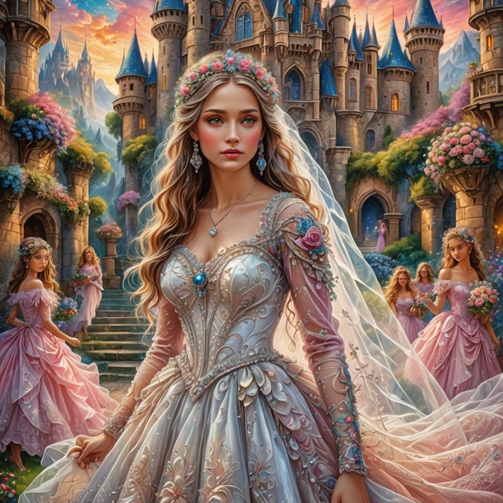 beautiful bride wearing a white dress of a lot of tule , beautiful decoration on the dress, brides maids the same dress ...