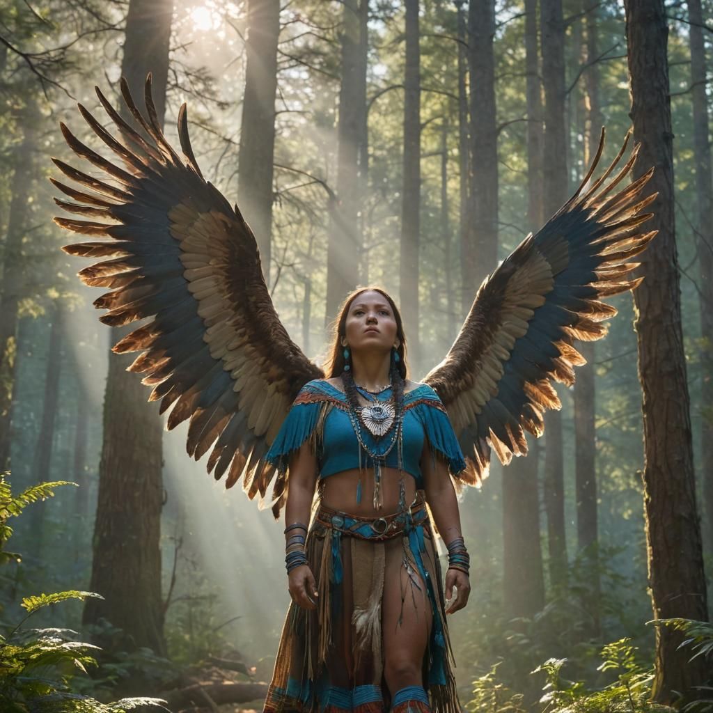 une indienne d'Amérique avec son âme représentée par un aigle