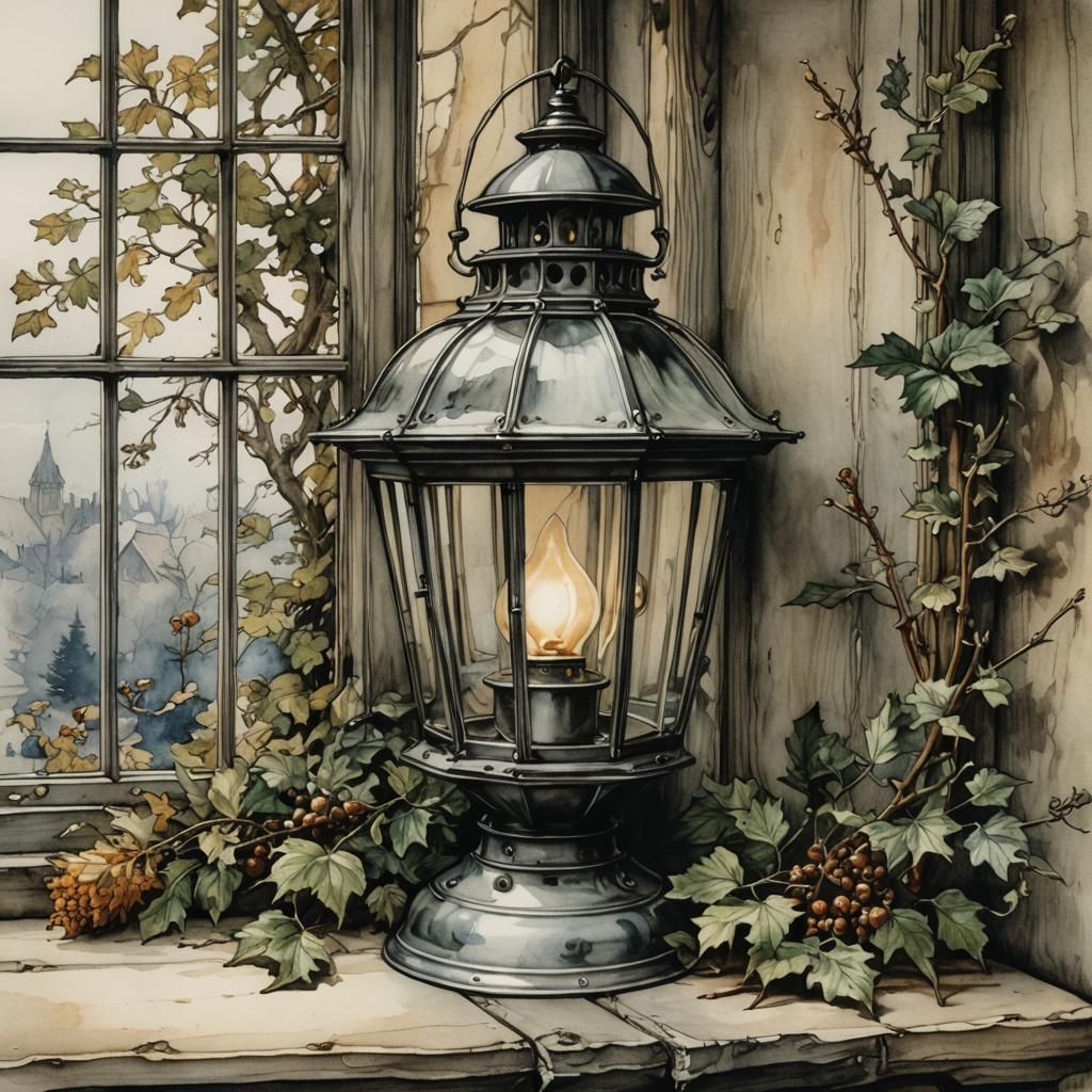 Lantern Lit Window in Watercolor and Ink
