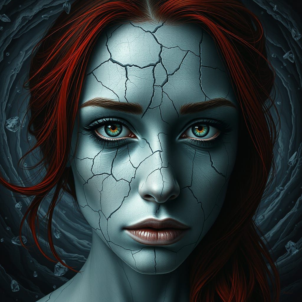 Porcelain Woman with Red Hair in Storm Vortex
