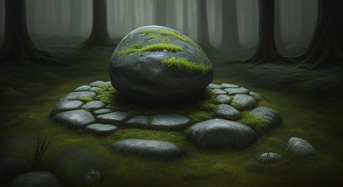 Mysterious Stone With Glowing Runes in Ethereal Forest
