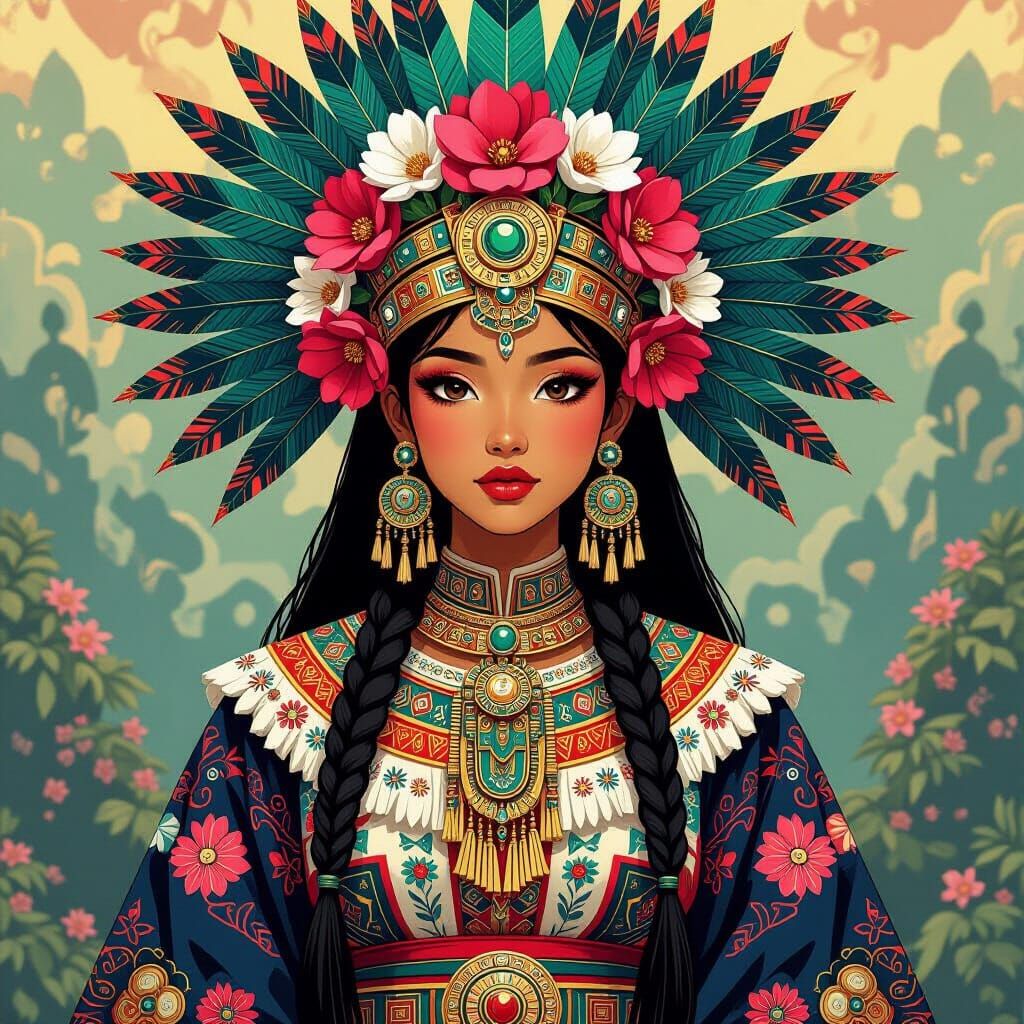 Aztec Warrior Princess with Flowers and Feathers