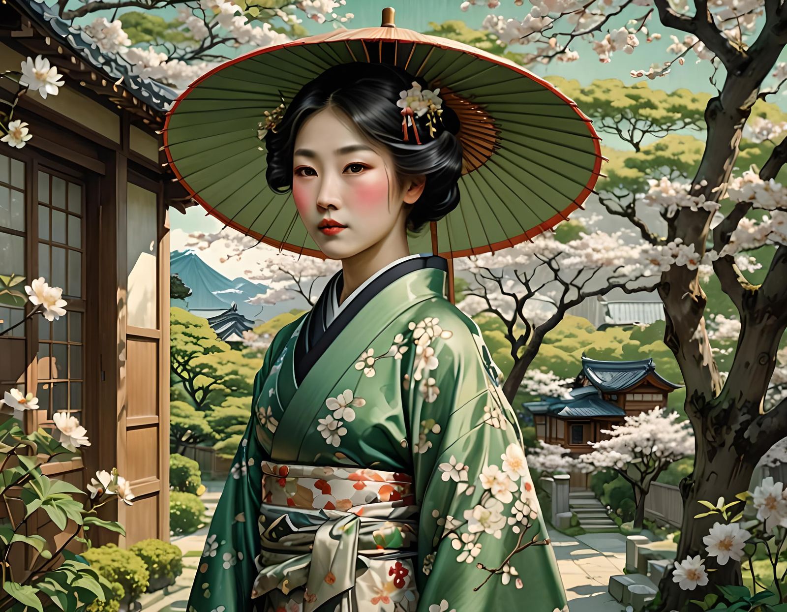 Geisha in Cherry Garden: Art Nouveau Charcoal Drawing