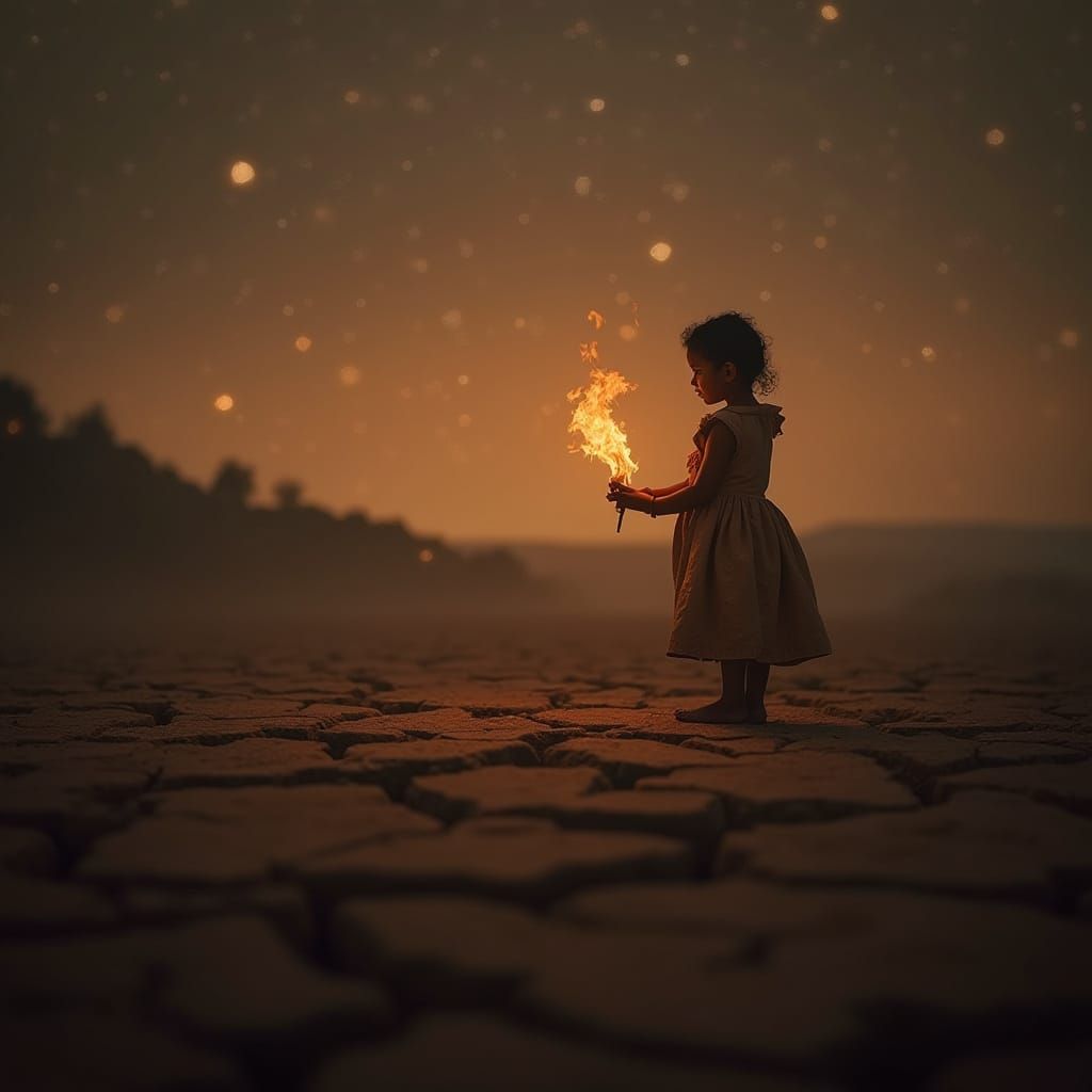 Silhouette with Flame Against Cracked Earth