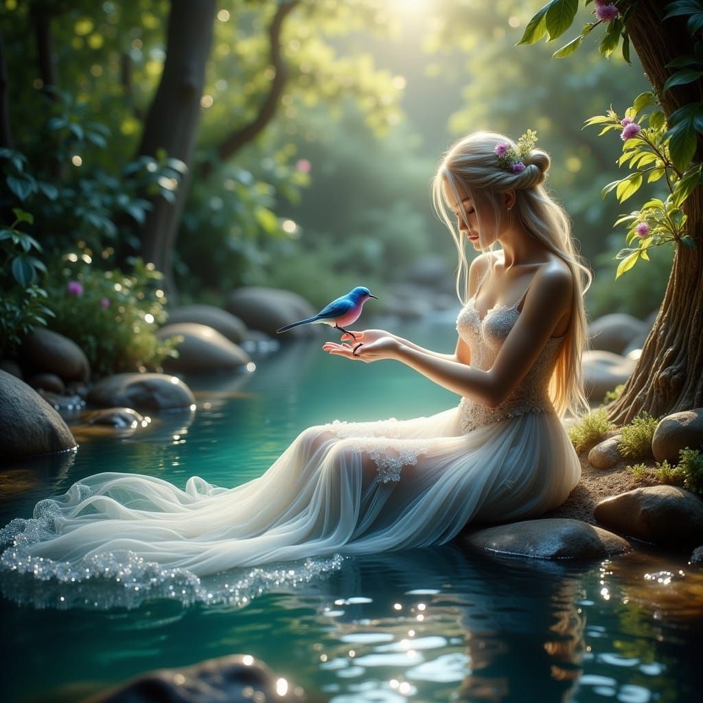 Princess Aurora with Bluebird in Enchanted Forest