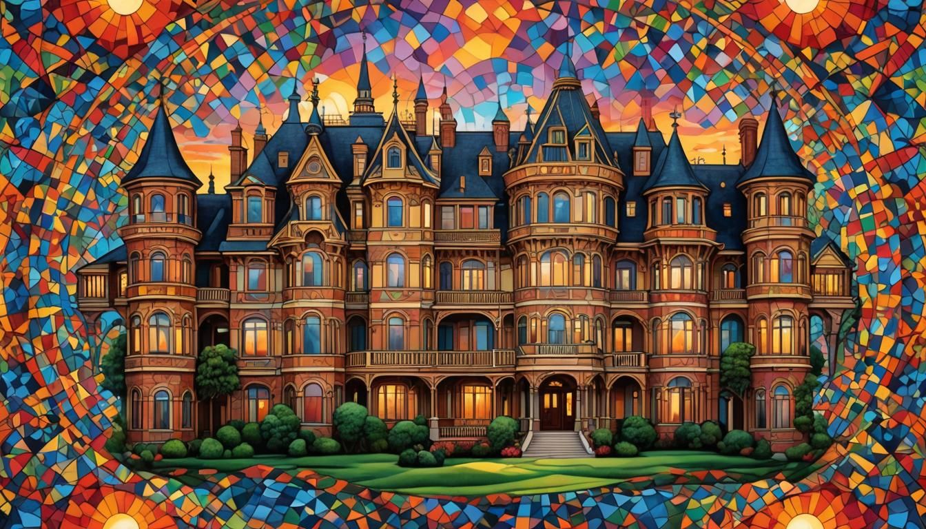 Geometric Victorian Mansion Tessellation in Op Art Sunset