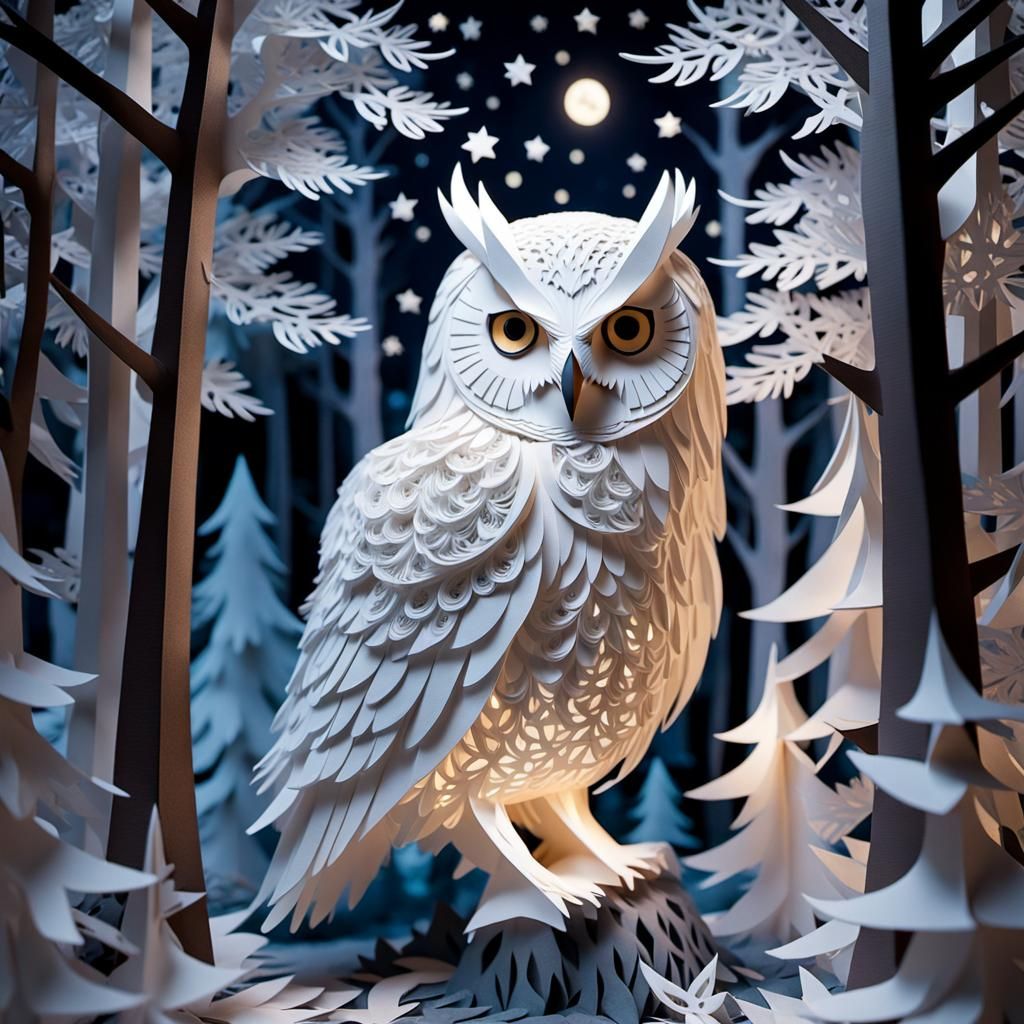 Papercraft White Owl in Starry Forest