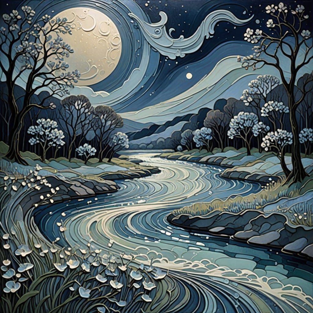 Art Nouveau Impasto River in Ethereal Moonlight