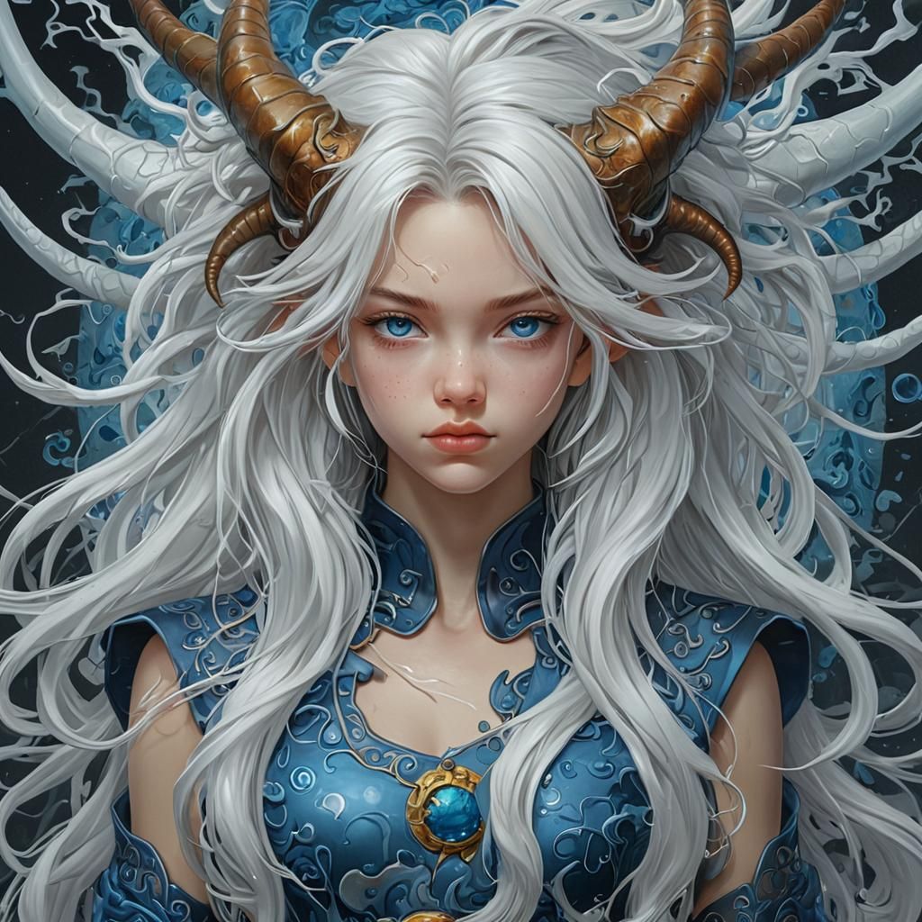 Dragon Horned Girl on Throne in Akira Toriyama Style