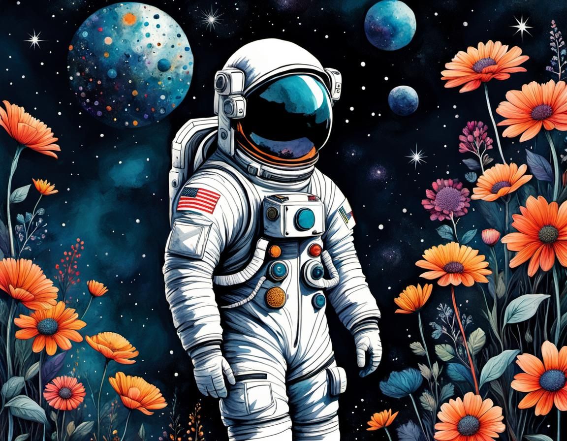 Astronaut's Floral Space Garden: Whimsical Digital Art