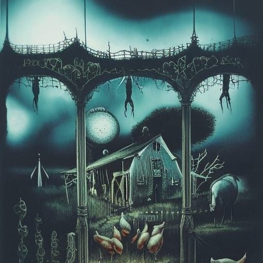 Gothic Steampunk Farmhouse at Midnight