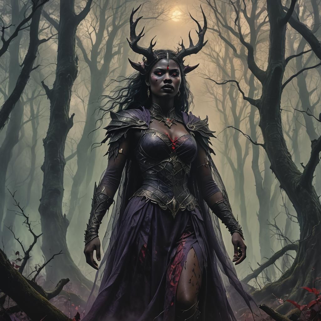 Demonic Woman in Misty Woods, Pencil Sketch Art