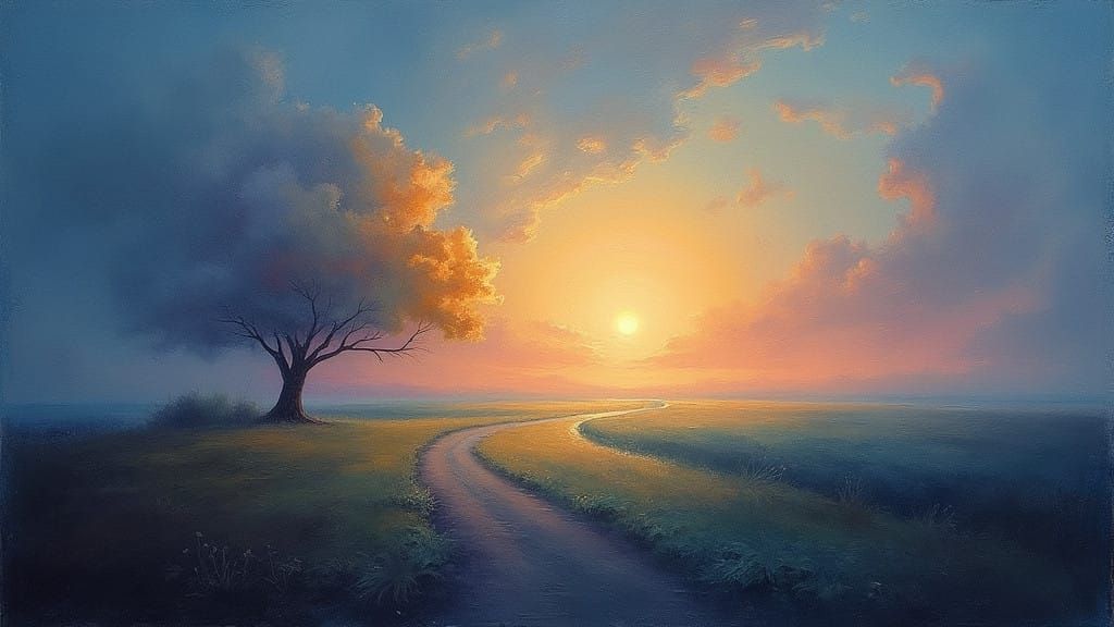 Surreal Landscape with Day and Night in Oil Painting Style