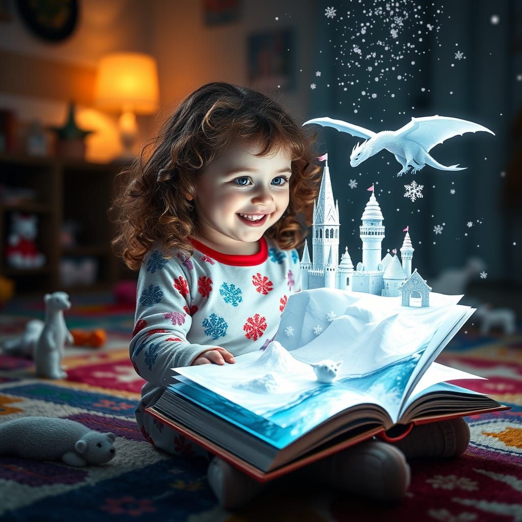 Whimsical Winter Wonderland Scene with Dragon-Print Pajamas