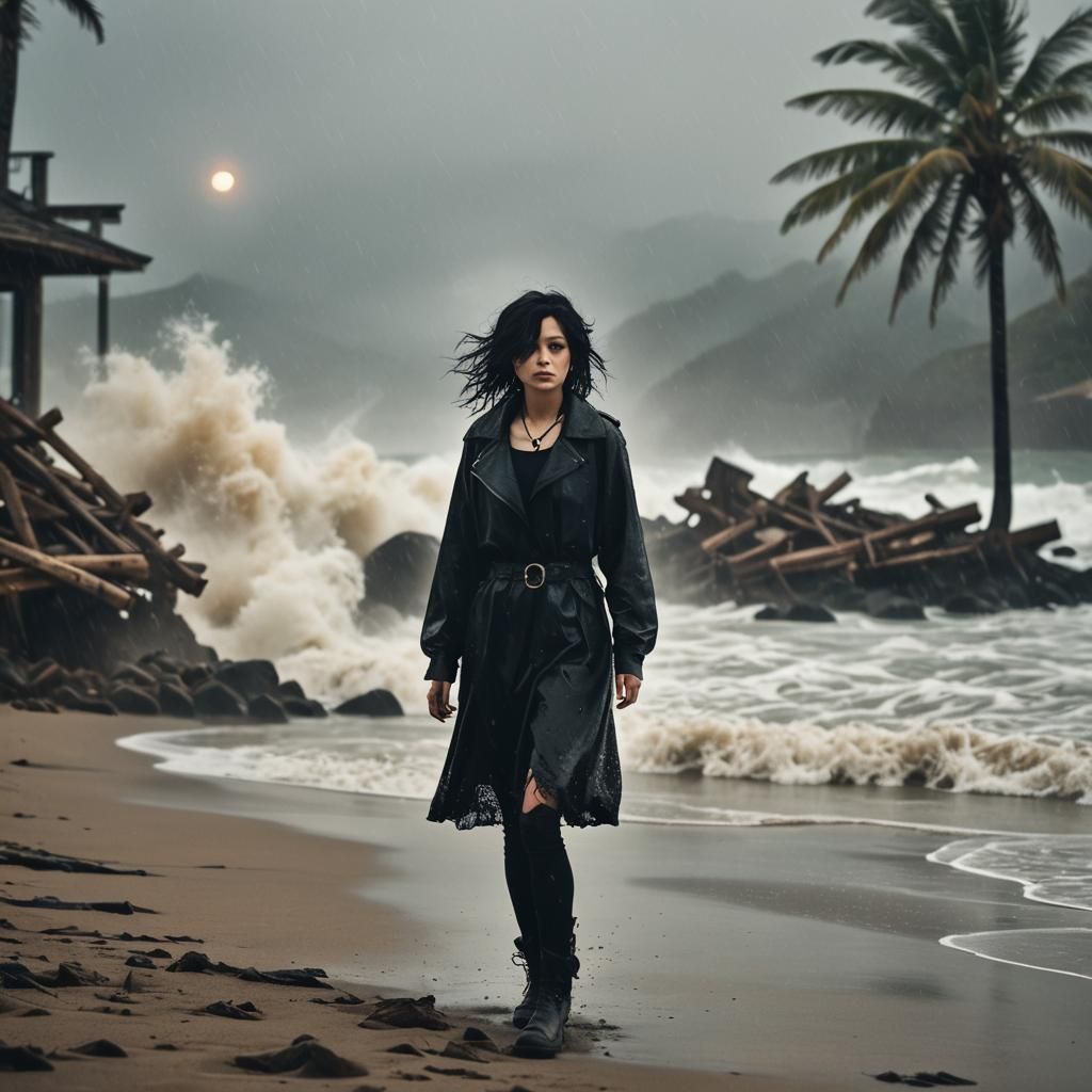 Gothic Model Amidst Giant Waves on Remote Island