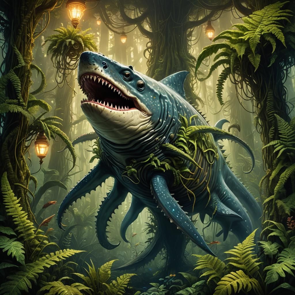 Megalodon Octopus Whale Shark Hybrid in Biomechanical Forest