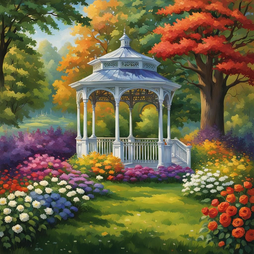 Gazebo Overlooking Lush Garden, Oil Painting