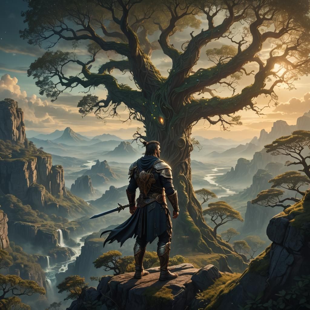Heroic Warrior Gazing at Mystical Landscape