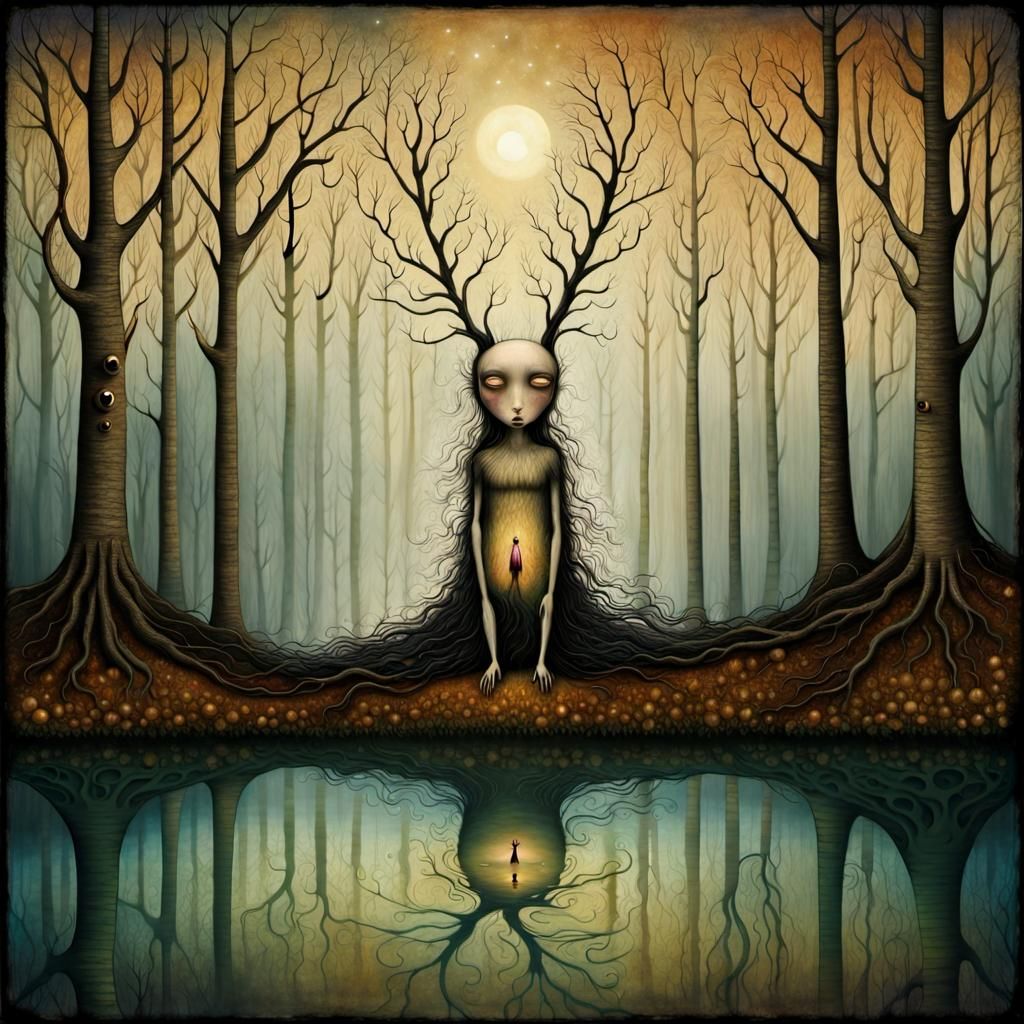 Mysterious Forest Spirit on Riverbank, Surreal Fantasy