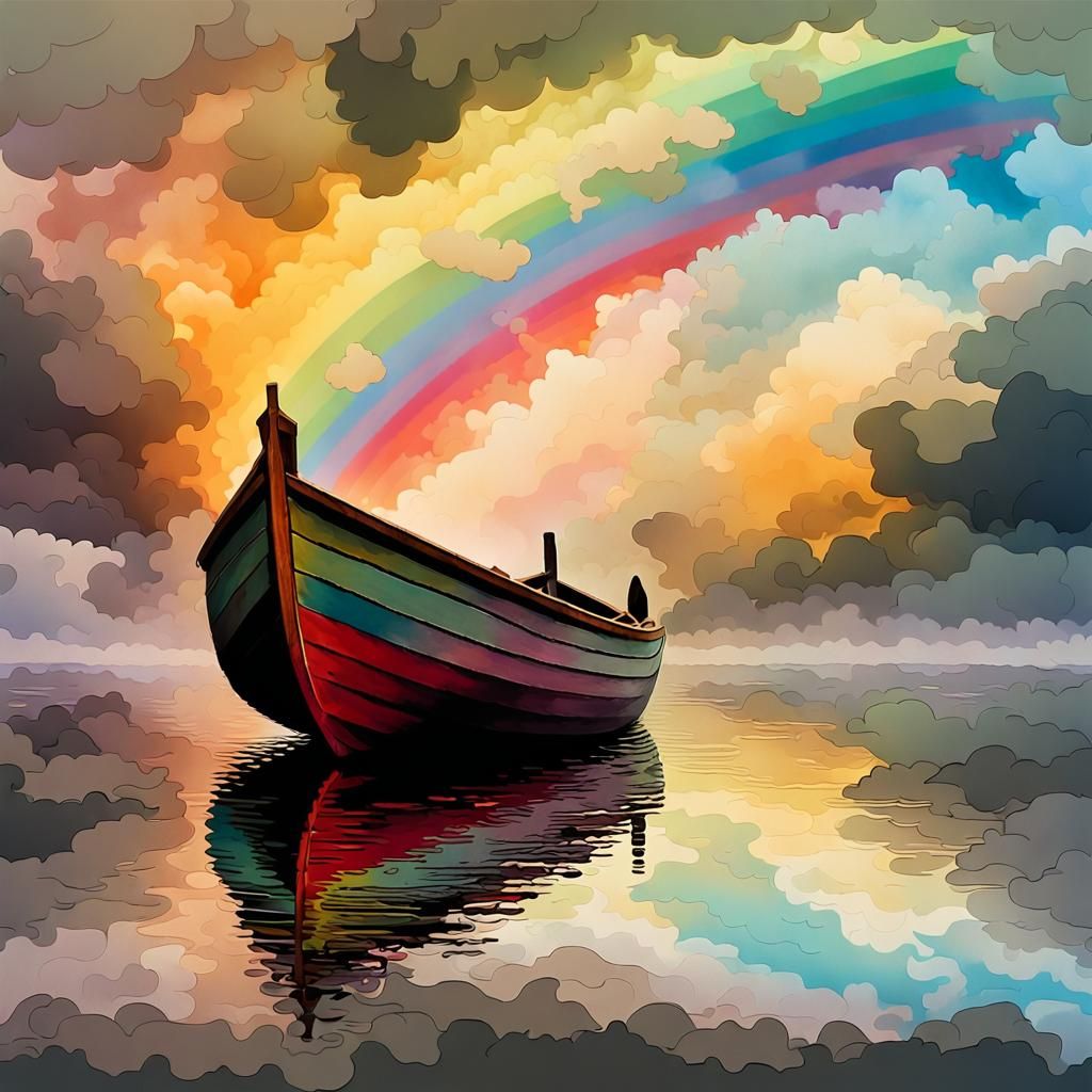 Eerie Wooden Boat Adrift in Impasto Ink Clouds