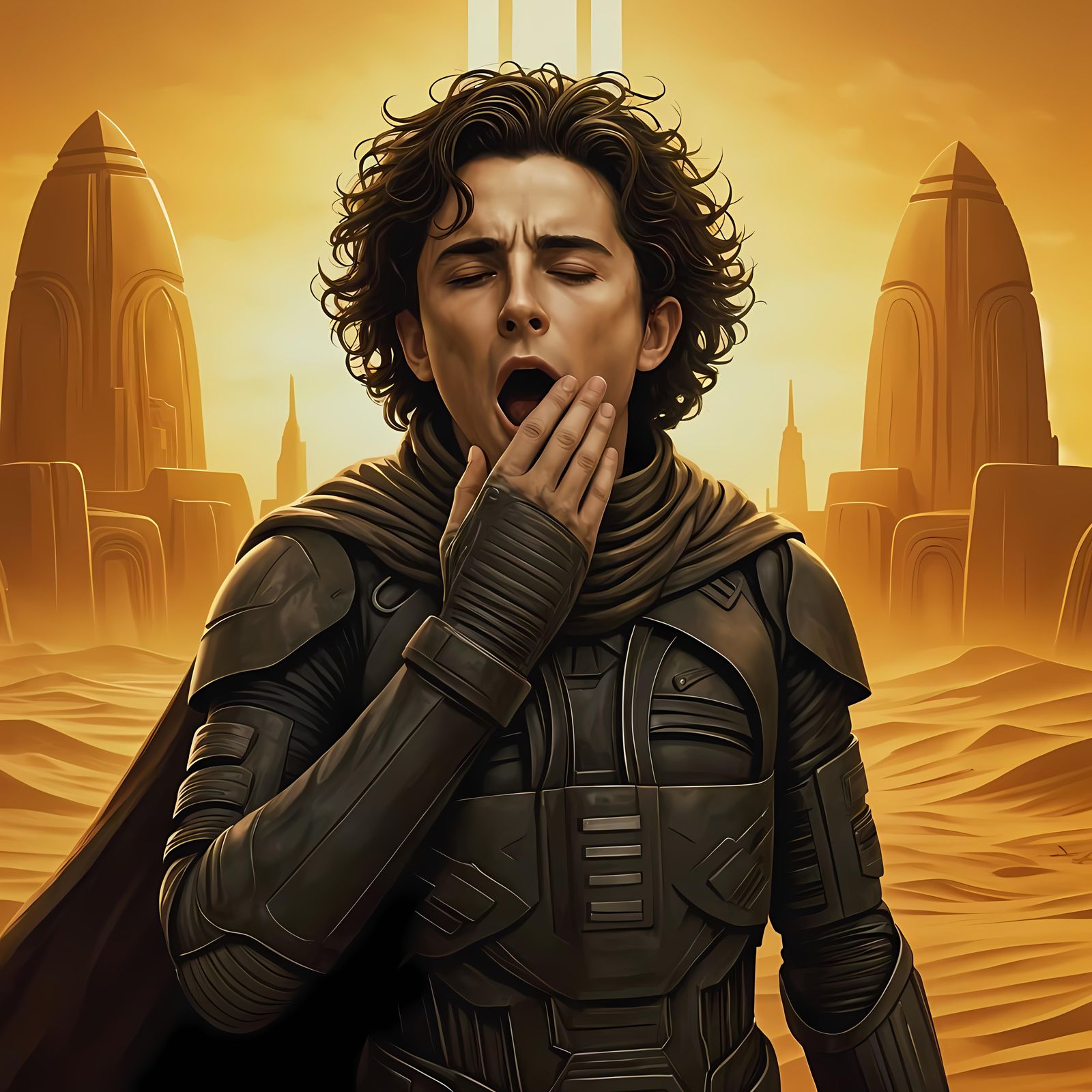Timothee Chalamet from Dune is waking up and yawning with fr...