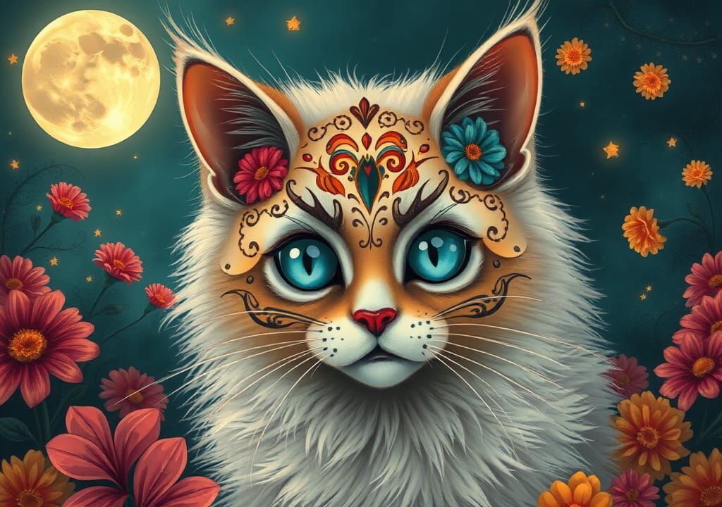 Cat in Sugar Skull Mask for Dia de los Muertos