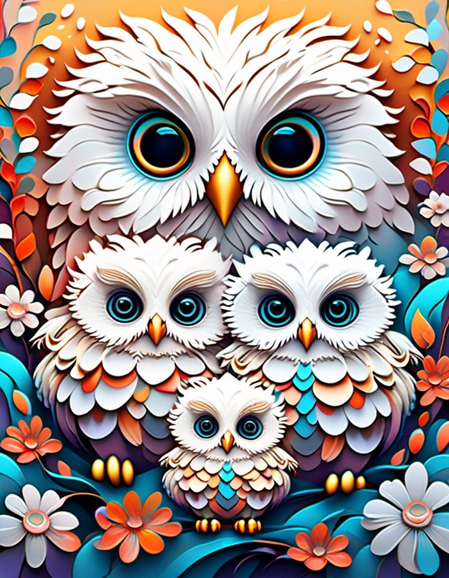 "Whimsical 3D abstract vector fractal, wave function, Zentangle, full body drawing of a stylized adorable baby Snow Owls...