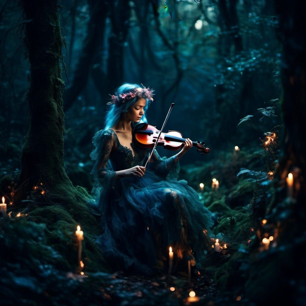Enchanting Fairy Violinist in Dark Forest
