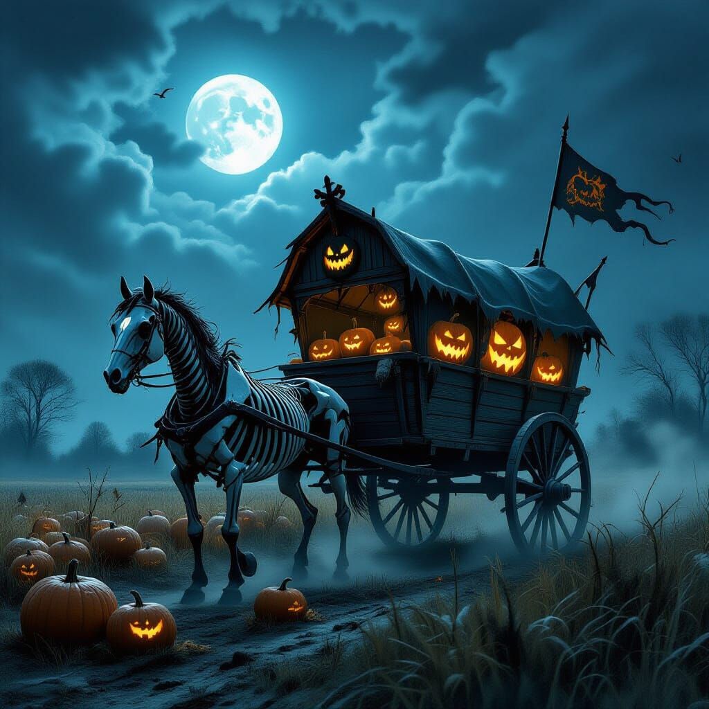 Skeletal Horse Hauls Haunted Wagon Under Eerie Moonlight