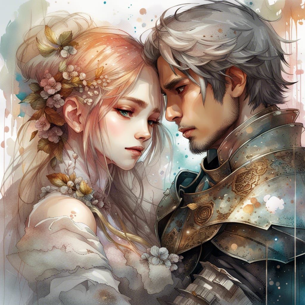 Victorian Knight Embracing a Princess in Manga Style